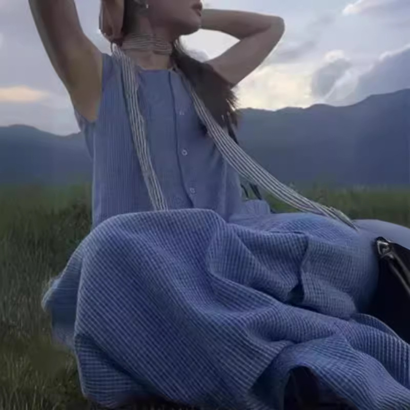 金禾 夏季蓝色格纹背心裙2024韩版新款气质单排扣连衣裙女