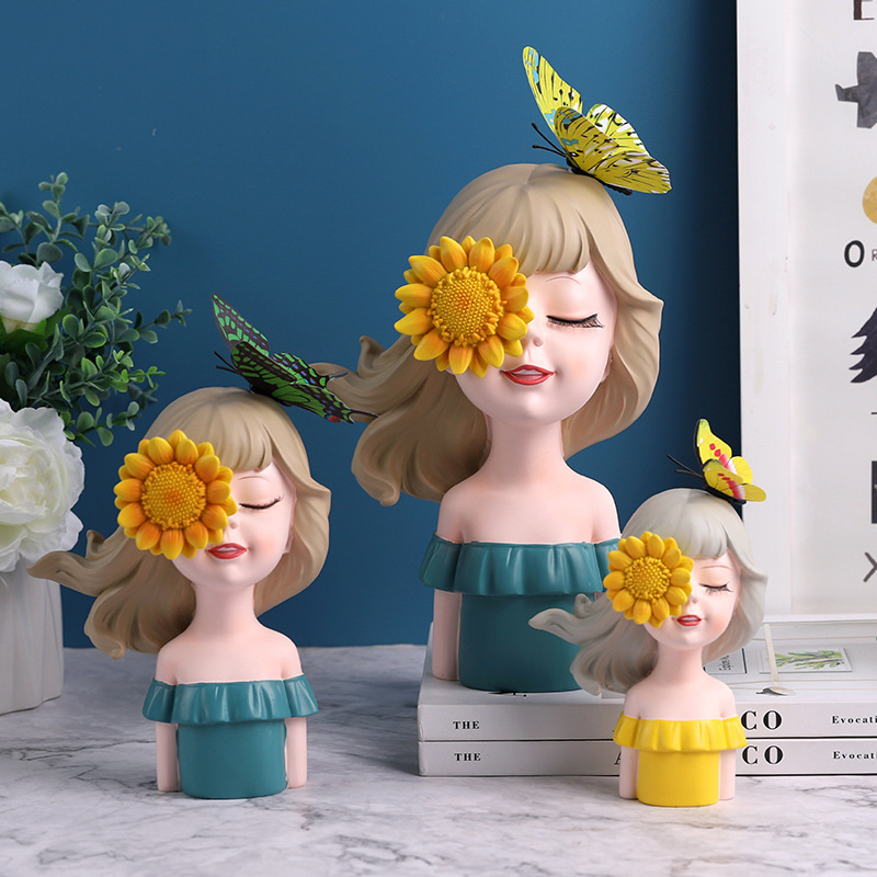 北欧可爱向日葵女孩树脂摆件客厅创意家居软装饰品摆件生日礼物