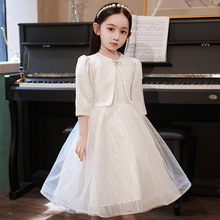 白色套装花童婚礼小女孩礼服女童公主裙跨境钢琴演奏演出服秋冬季