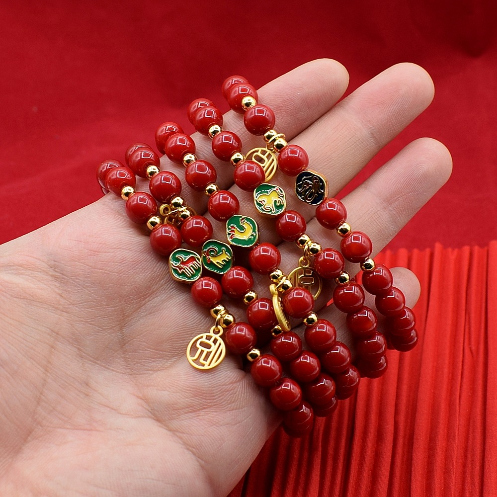 串珠手链十二生肖直播礼品男女款仿朱砂国风饰品玻璃红珠手串批发