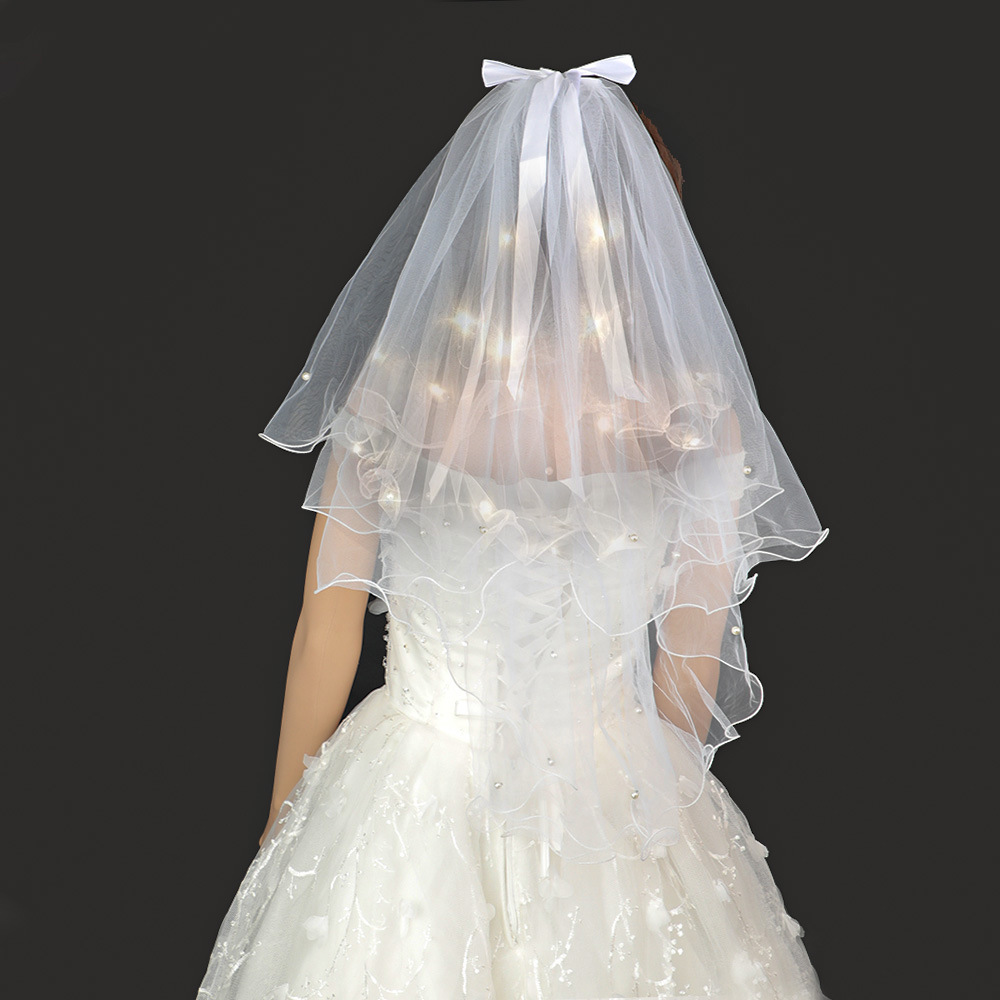 新娘头纱成人儿童头纱网红发光头纱双层珍珠系结带灯头纱现货批发