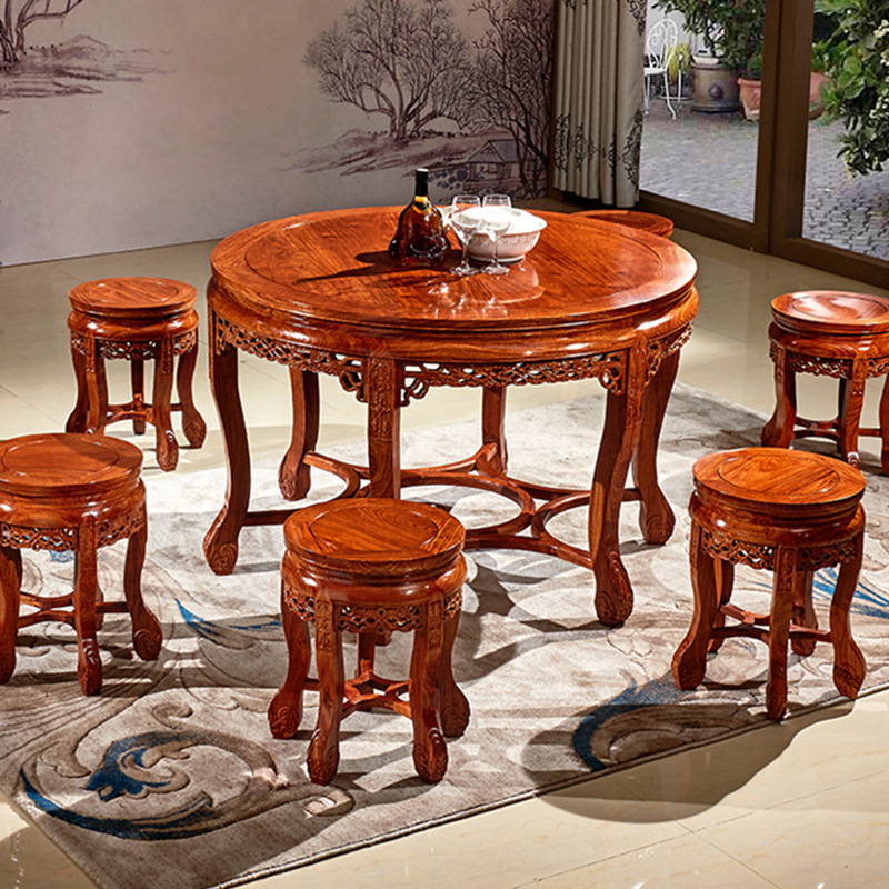 实木餐桌椅组合花梨木红木刺猬紫檀中式小户型圆餐台饭桌家用整装
