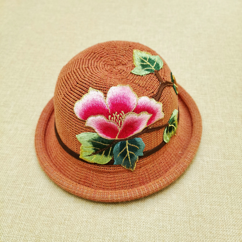 民族风清新可爱绣花帽云南特色新款网纹帽小礼帽卷边圆顶防晒帽子