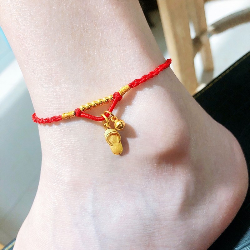 小拖鞋铃铛脚链黄金 999足金编织红绳小金珠转运珠足链女纯金脚饰