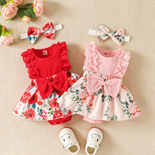 宝薪童装欧美夏季坑条花边拼接花朵满印连体五色哈衣婴幼儿童套装