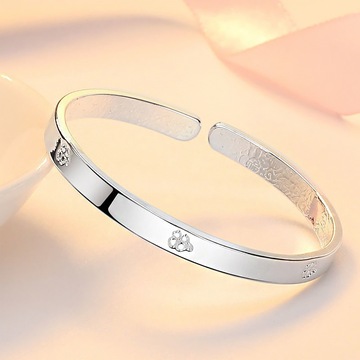 厂家直销韩版时尚幸运四叶草手镯简约镀银纯银手镯百搭流行开口