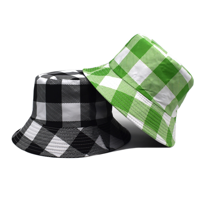 Korean Style New Printed Large Plaid Printed Bucket Hat Women's Street Casual Four Seasons Double-Sided Wear Fashion Sun-Proof Bucket Hat