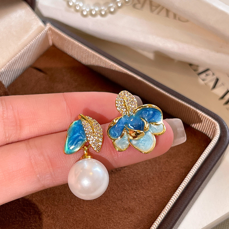 real gold plating fashion all-match temperamental pearl stud earrings sterling silver needle enamel drop oil asymmetric flower earrings for women