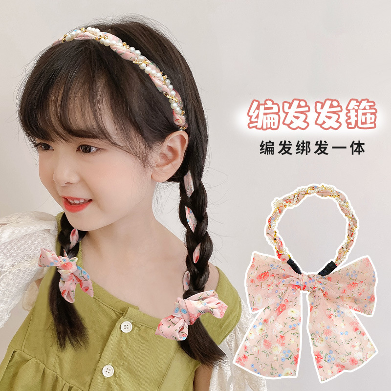 Children's Floral Hair Band Summer Silk Scarf Hair Tie Streamer Headband One Daily Outer Wear Lace-up Hair Braid Ribbon Headdress