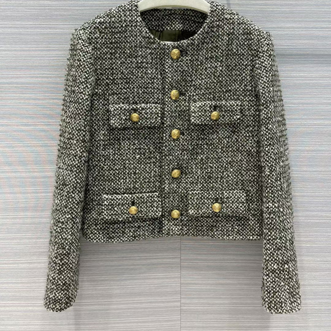 高定cl家秋冬小香风夹克粗花呢修身格子羊毛西装短外套女批发