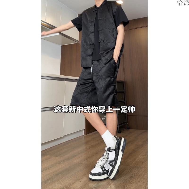 新中式国风盘扣衬衫男夏季痞帅中山装套装薄款青少年冰丝短袖短裤