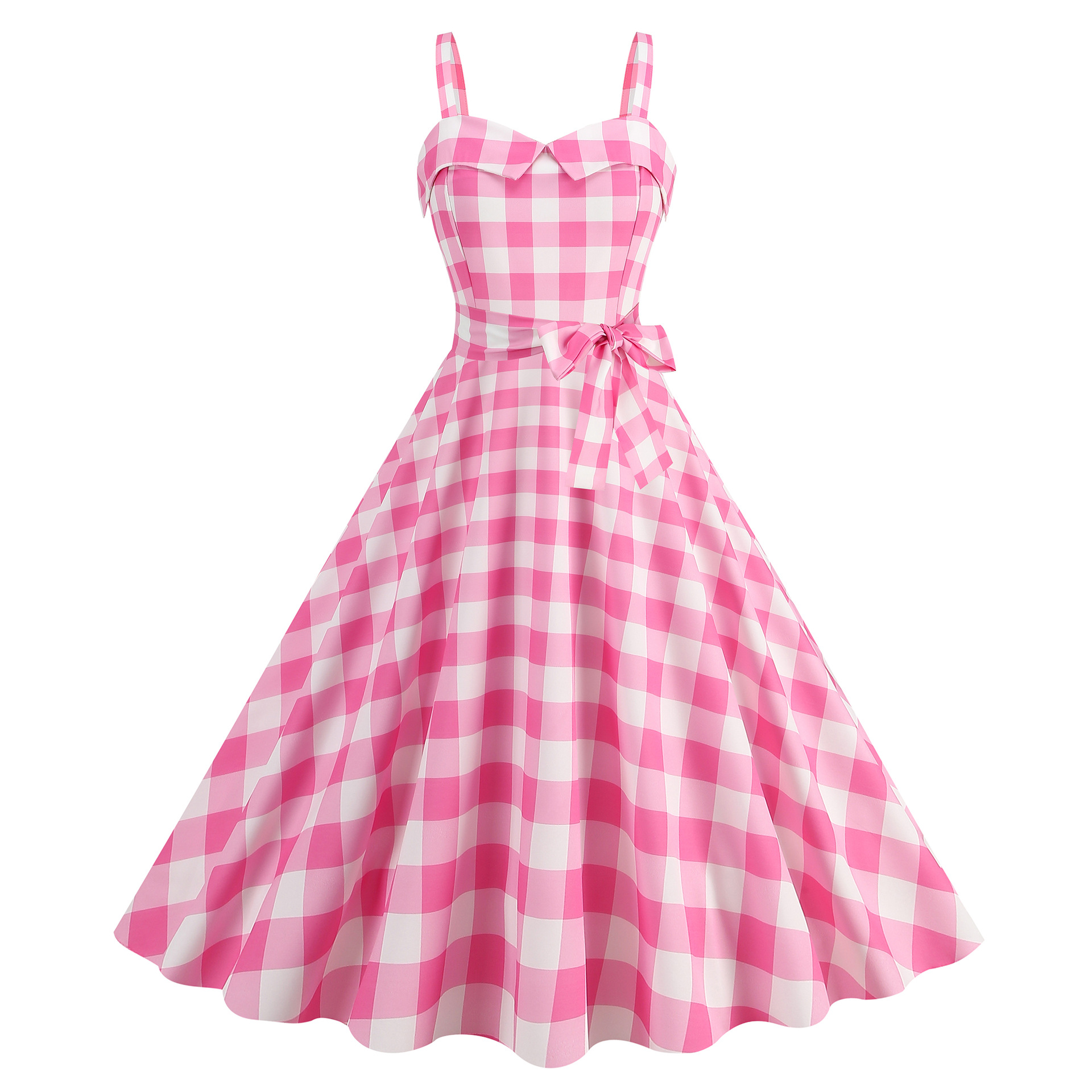 Factory Supply Large Quantity in Stock Hot Sale Barbie Pink Sling Party Casual Polka Dot Plaid Printed Dress