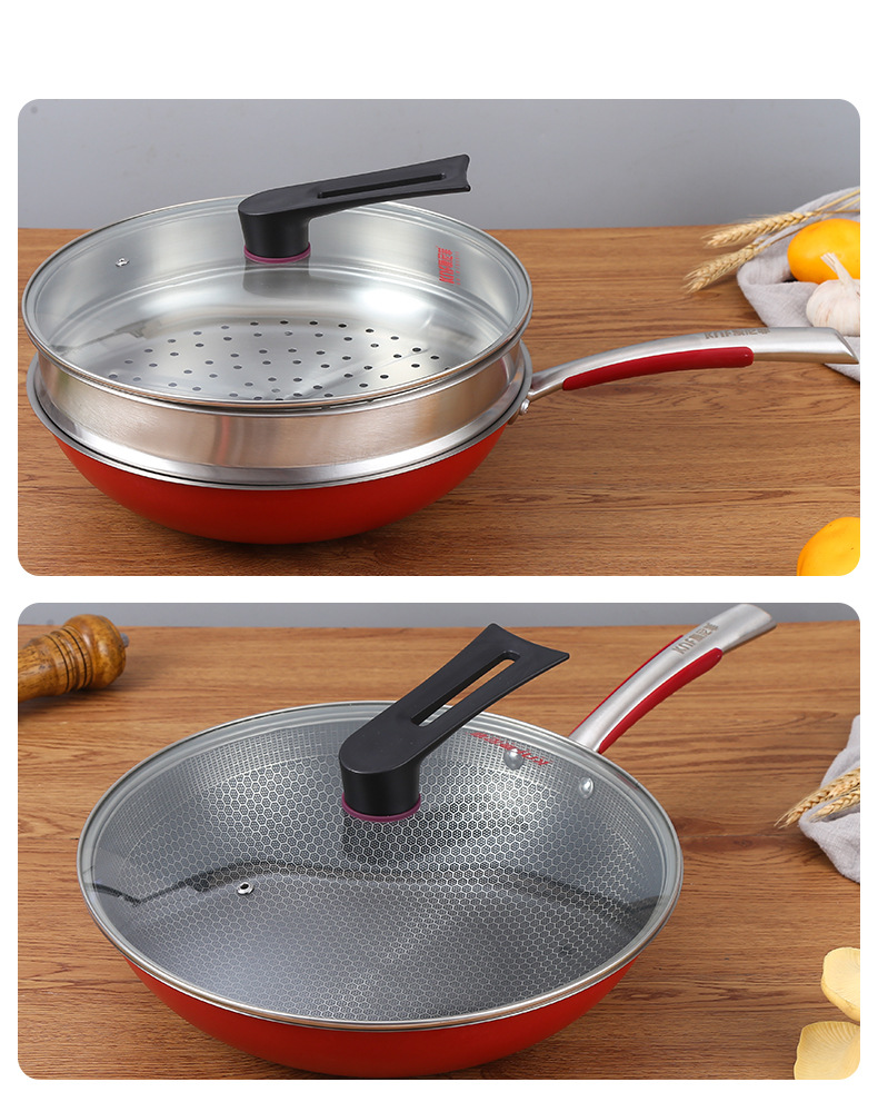 康尼菲不锈钢炒锅微油烟单面蜂窝不粘锅带蒸笼电磁煤气通用炒菜锅