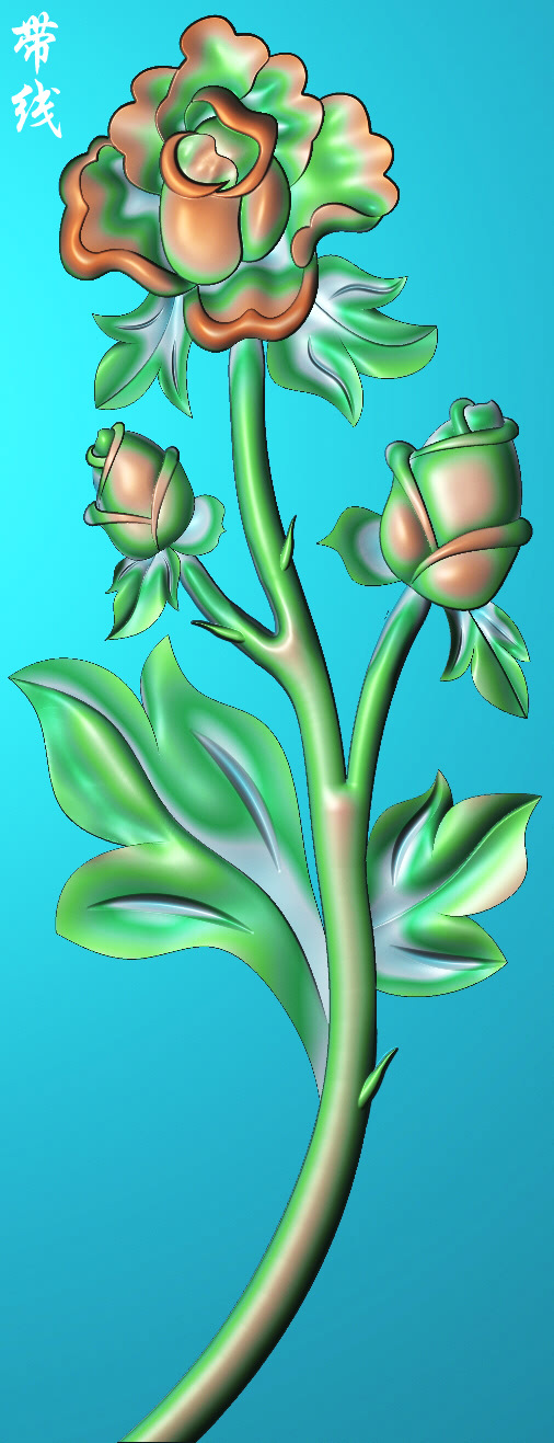 a精雕图一支单朵玫瑰花餐椅靠背竖板装饰浮雕图木雕砂岩石雕刻图