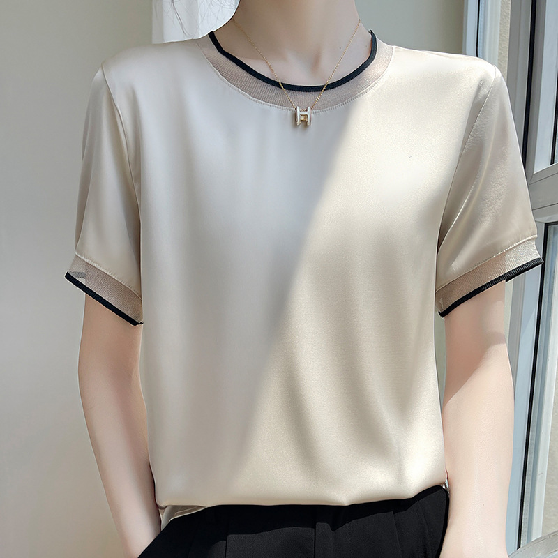 Summer New Silk Satin Mesh Patchwork round Neck Slimming Short-Sleeved T-shirt Top Women's Mulberry Silk All-Matching Women's Wear Women Clothes