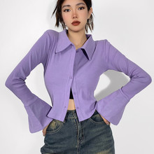 欧美秋冬新款女装翻领喇叭长袖上衣 开叉短款排扣修身显瘦紫色T恤