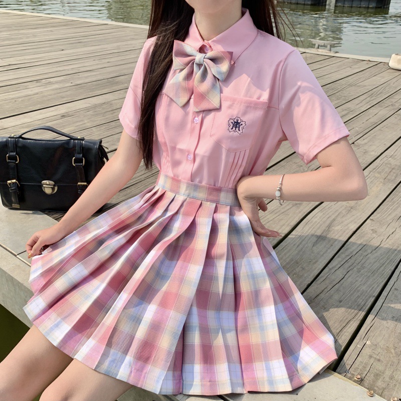 实拍小岚中刺绣风琴褶jk制服衬衫女学院风班服基础款短袖粉色衬衣