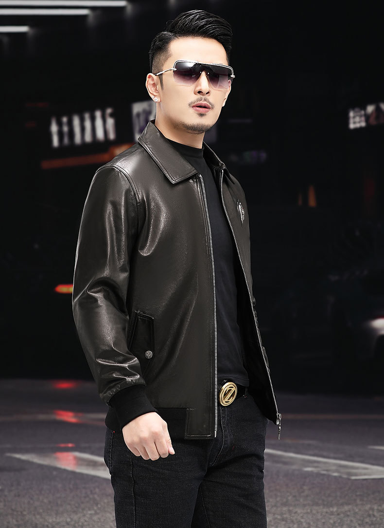 2021年翻领皮衣男真皮山羊皮秋季新款棒球衫皮夹克皮外套薄款单装