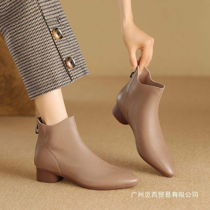 软皮法式新款秋四季软皮裸靴尖头低粗跟单靴皮法式复古短靴女