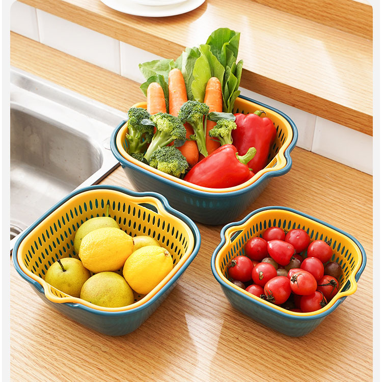 Creative Color Matching Double-Layer Drain Basket Household Plastic Vegetable Basket Multi-Function Draining Rice Washing Fruit Vegetables Basin