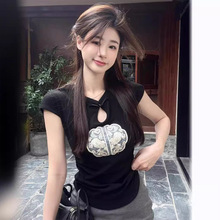 实拍新中式国风针织短袖T恤女2024龙年春季新款半袖黑色上衣套头