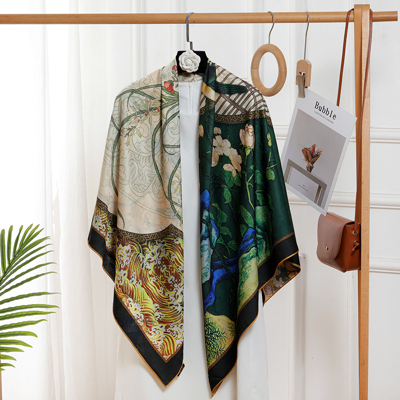 重磅香云纱超大方巾140*140cm高档复古贵气大披肩双面印花围巾女