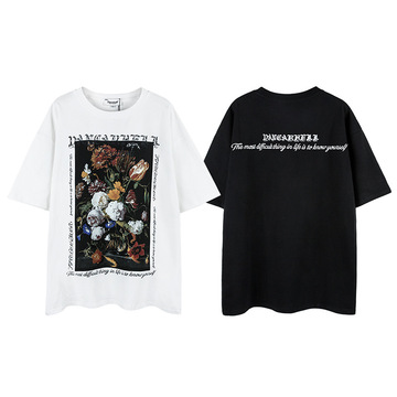 美式复古花卉油画印花短袖t恤男女宽松古着情侣街头t-