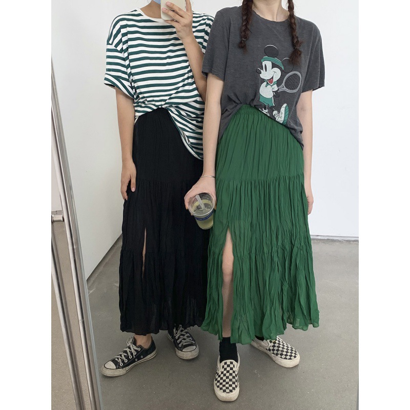 Pleated Skirt Floral Skirt Women's Summer Mid-Length 2023 New Split High Waist Chiffon A- line Skirt Thin