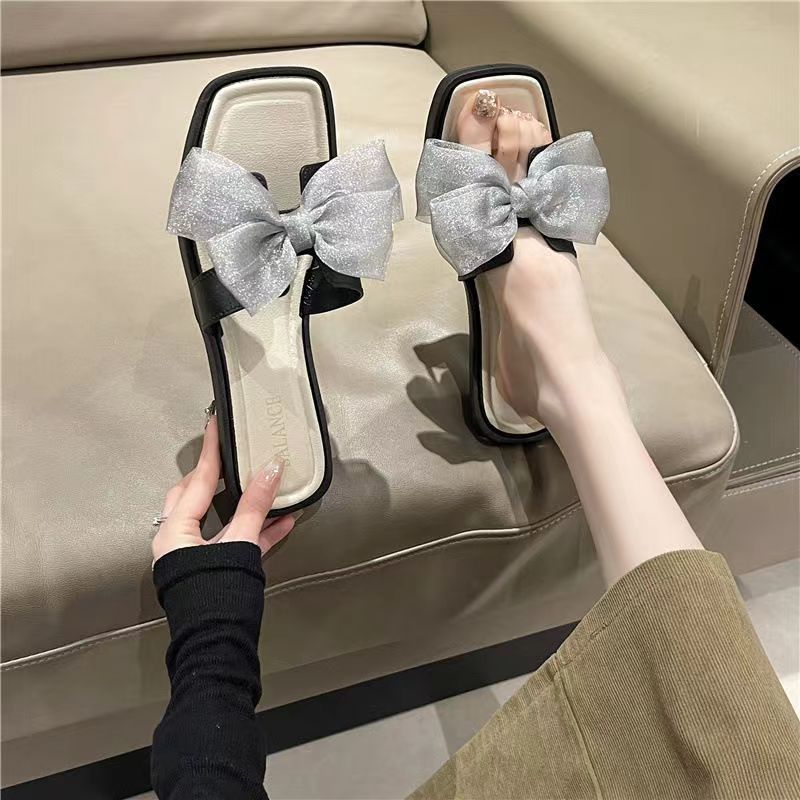 2024 new korean style bowknot slippers thick lace sandals women‘s summer outdoor all-matching non-slip mid heel sandals