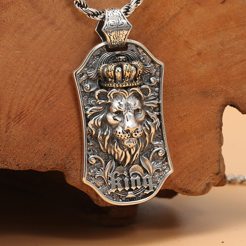 925狮子王项链吊坠纯银时尚男士吊牌皇冠泰银个性单身 男女潮饰品