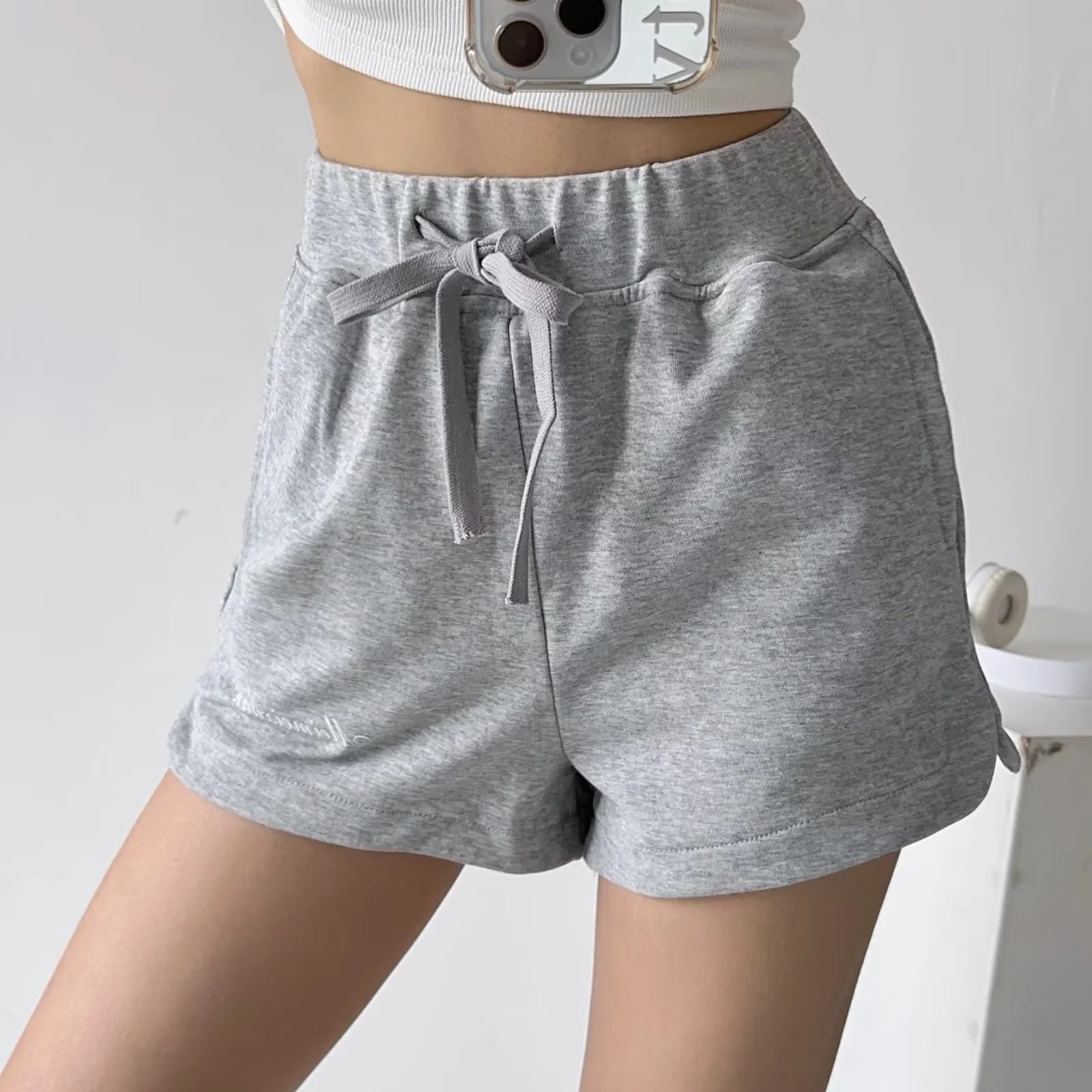 美式高腰字母运动短裤女夏季外穿薄款显瘦宽松休闲直筒阔腿热裤