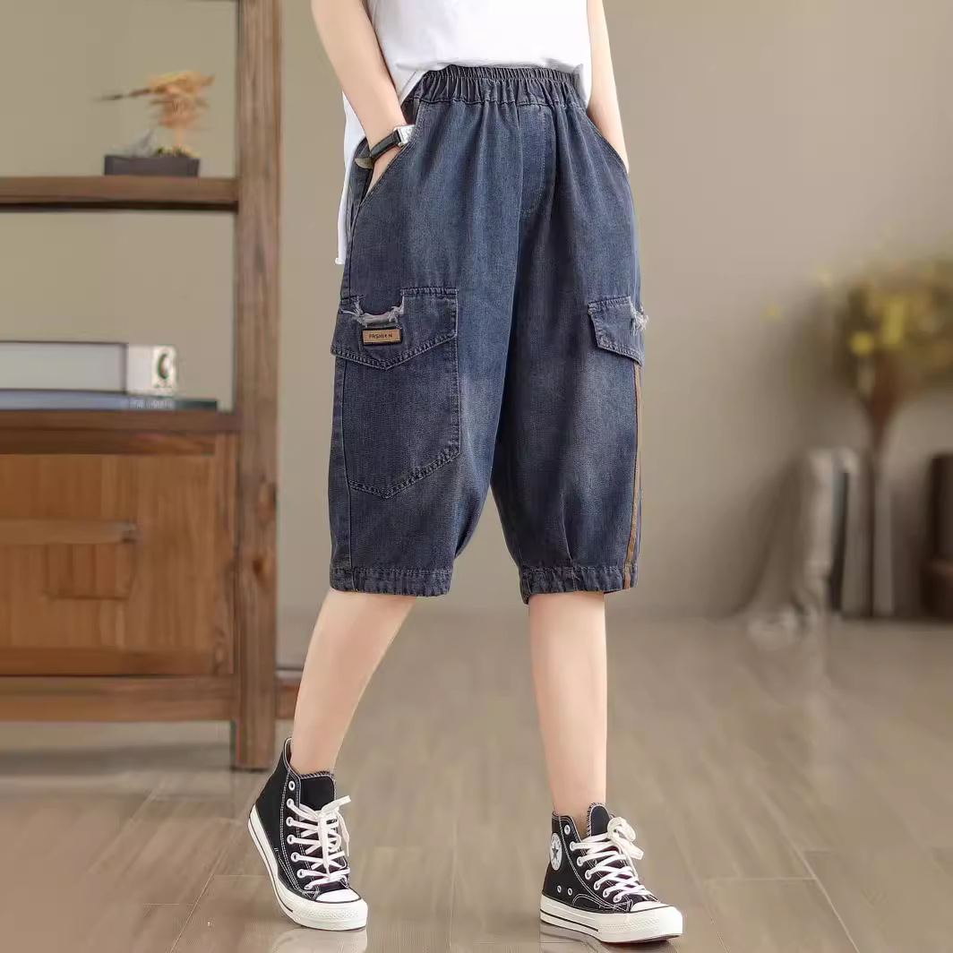 澜之魅牛仔六分裤女2024夏季新款拼接条形贴布破洞宽松高腰松紧直