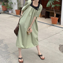 大码女装胖mm2024夏季韩版甜美宽松减龄撞色方领中长款短袖连衣裙