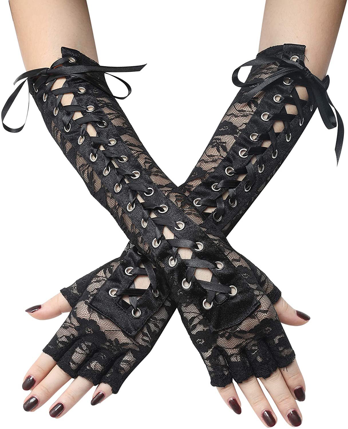 European and American Style Sexy Lace Lace-up Gloves Long Sexy Temptation Ribbon Rivet Half Finger Etiquette Ball Gloves Nightclub