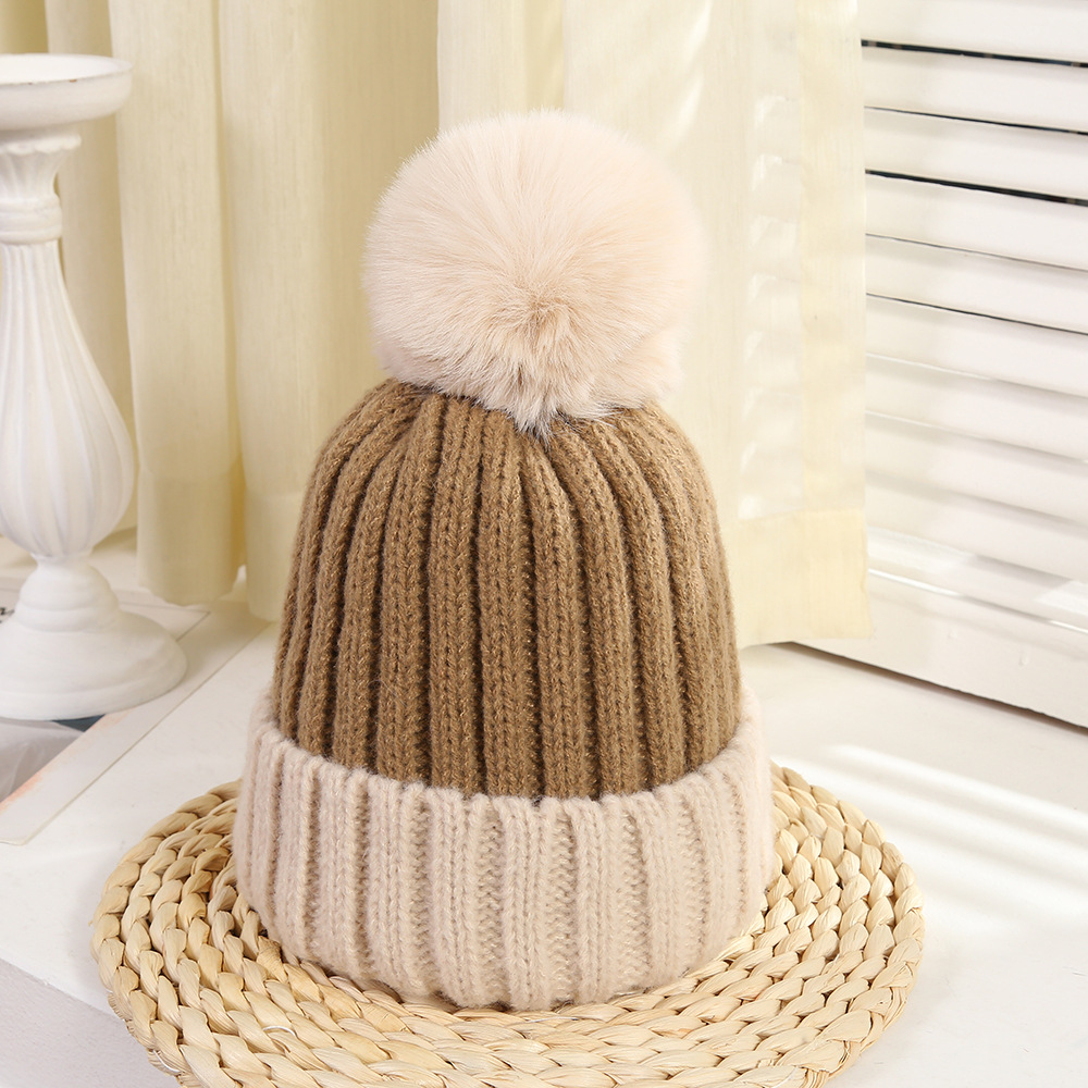 Korean Ins Style Color Matching Fashion Knitted Hat Women's Autumn and Winter Sweet Fluffy Ball Cap plus Velvet Warm Woolen Hat