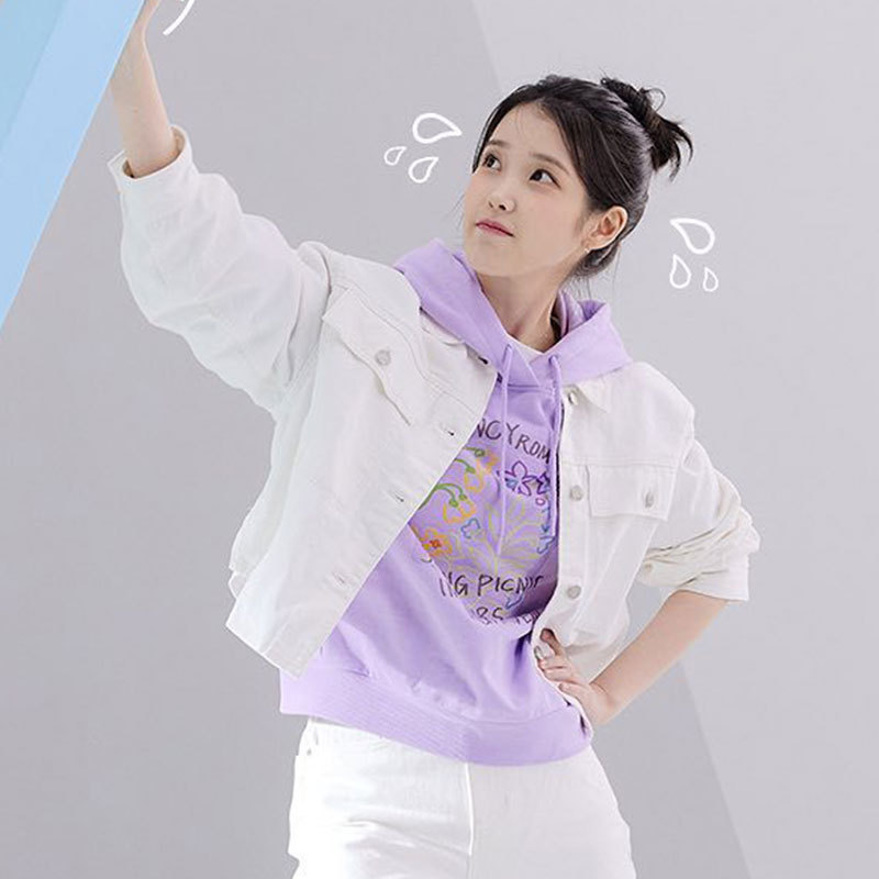 李知恩iu周边同款卫衣打歌服薄款浅紫色连帽衫套头春秋季外套上衣