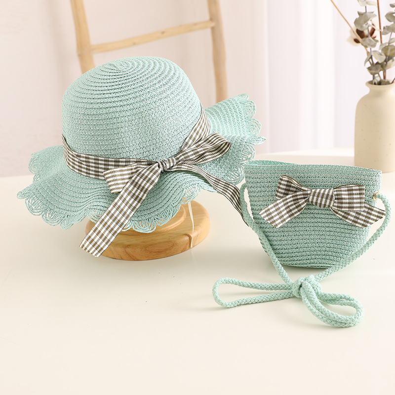 Hot Sale Children's Hat Bag Combination Bow Decoration Sun Protection Sunshade Photography Parent-Child Travel Sun Hat Straw Hat