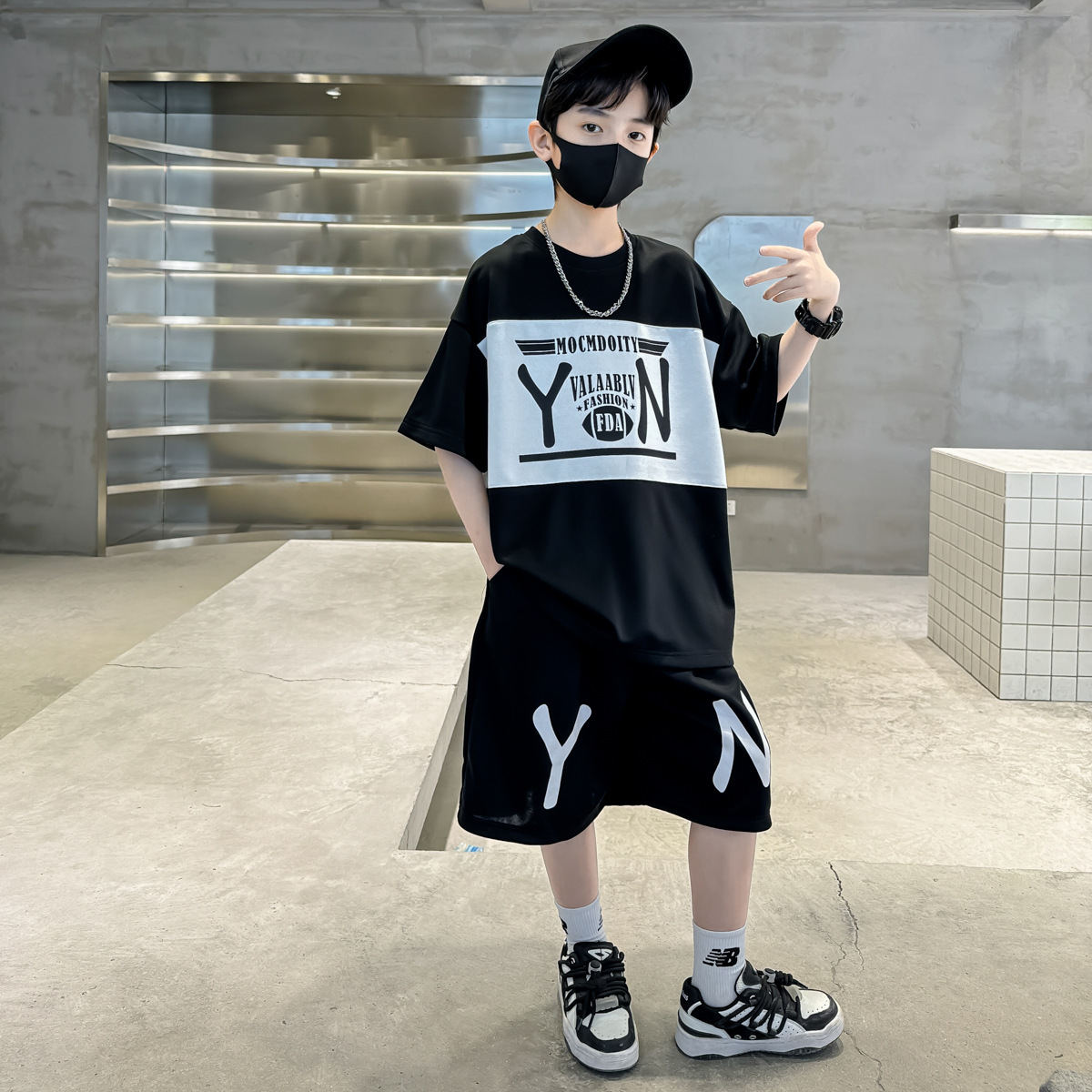 男童短袖套装夏季街舞运动装男孩帅气宽松短裤两件套外贸大童夏装