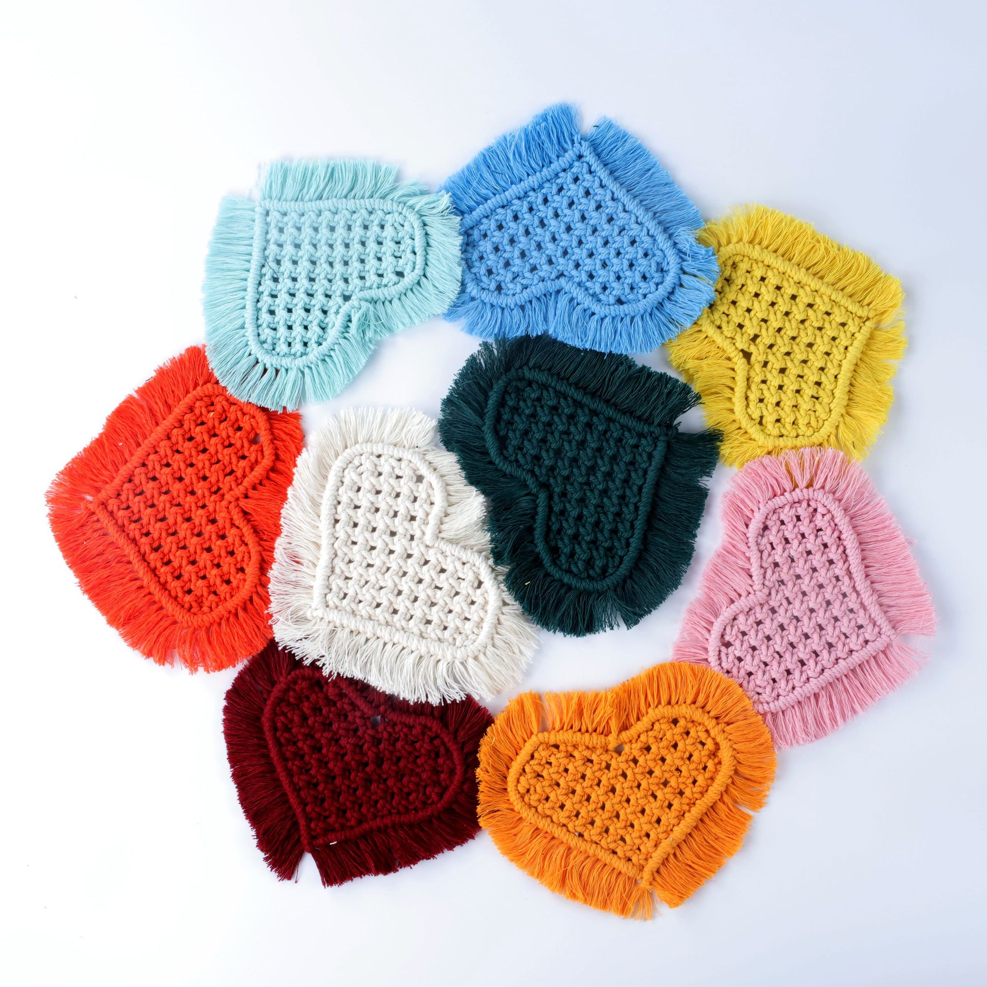 ins棉线带流苏餐垫 diy手工编织多色爱心流苏咖啡垫杯垫