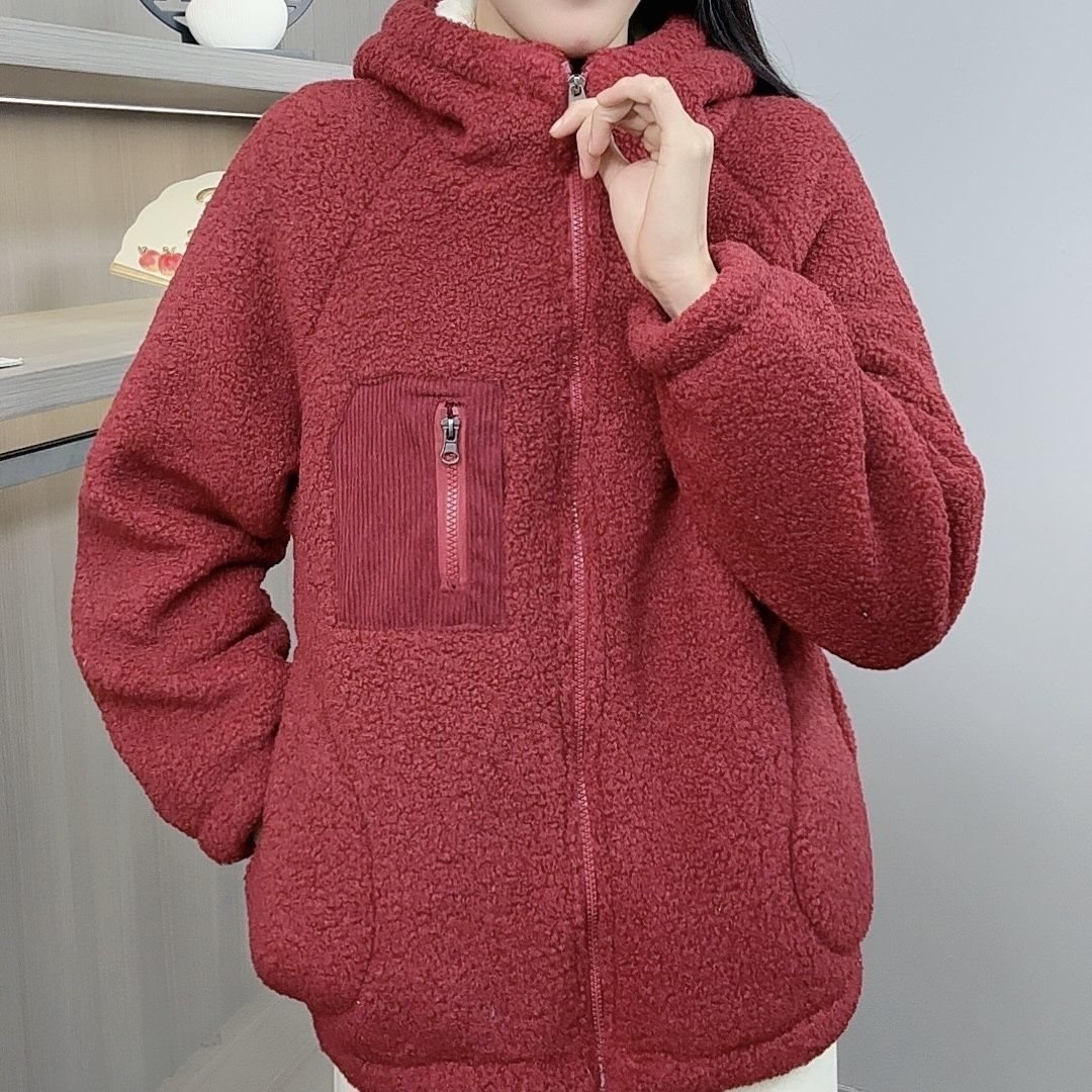 外套女安可拉红毛保暖连帽棉衣颗粒加绒宽松秋冬女呢大衣加厚大码