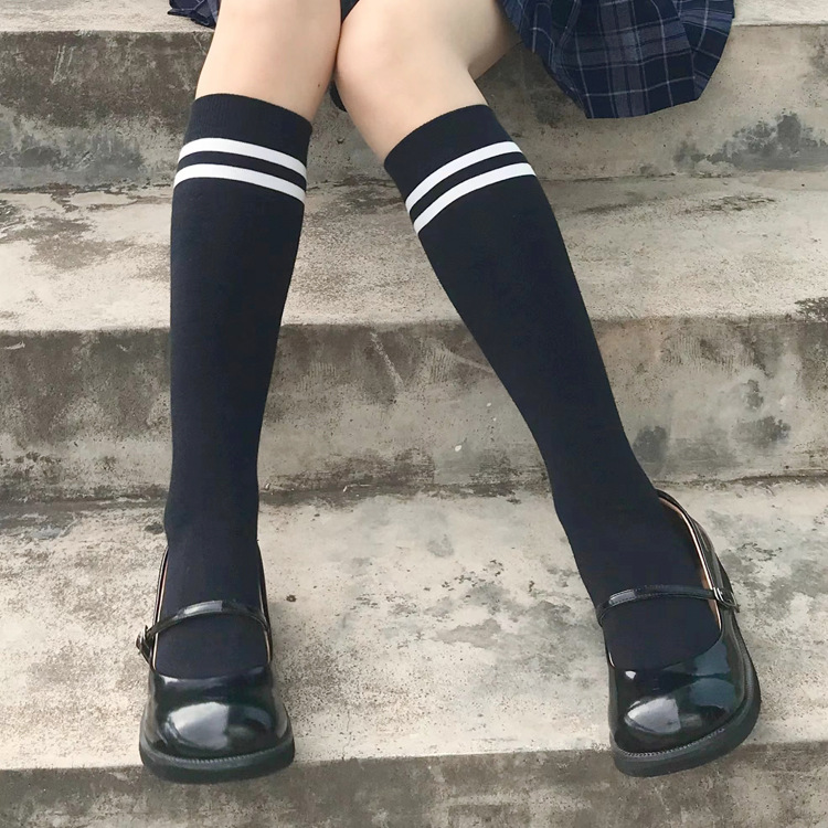 日系女士二横杠中筒袜学生棉袜无骨缝头学院风小腿袜及膝黑色jk袜