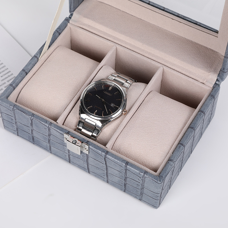 Korean Fashion PU Leather Lock Sealed Dustproof Jewelry Box Watch Ring Necklace Visual Three Grid Jewelry Box Wholesale