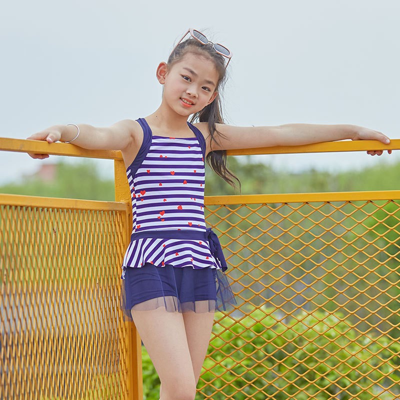 儿童泳衣女孩女童泳衣海军风条纹学生连体裙式游泳衣泳装中大童