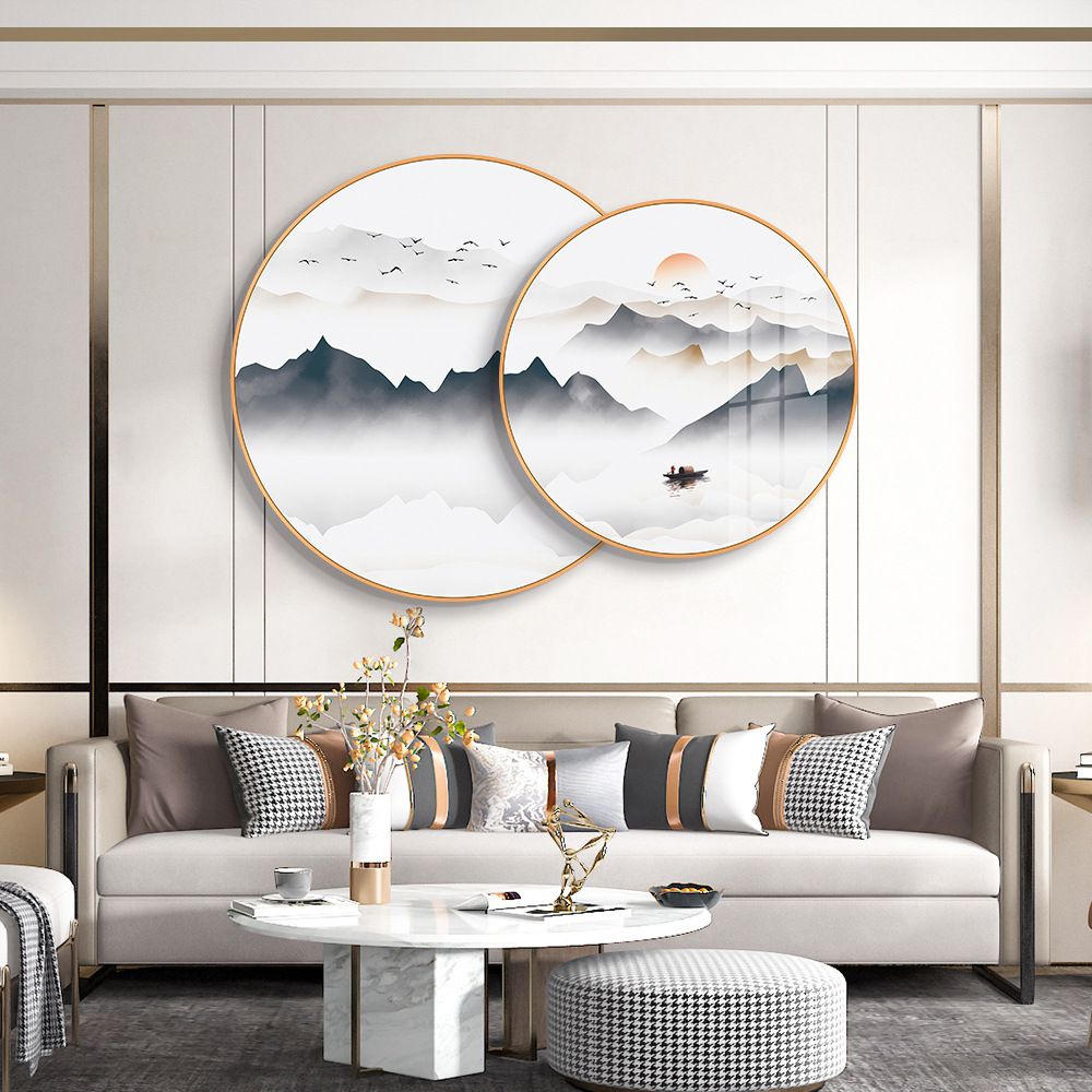新中式水墨客厅沙发背景墙装饰画现代简约山水画壁画餐厅圆形挂画