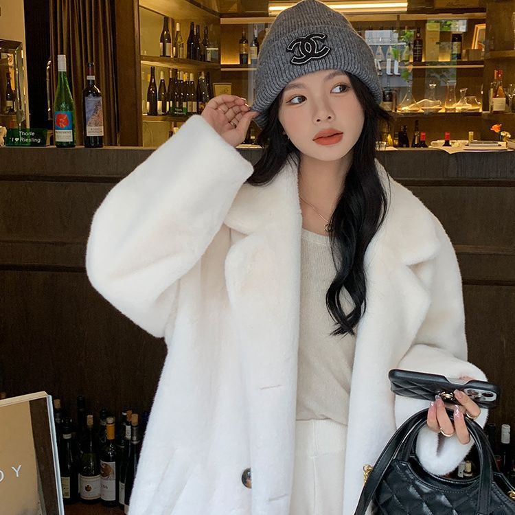 环保皮草仿水貂绒长款宽松加厚欧貂皮毛一体西服领皮草外套大衣女