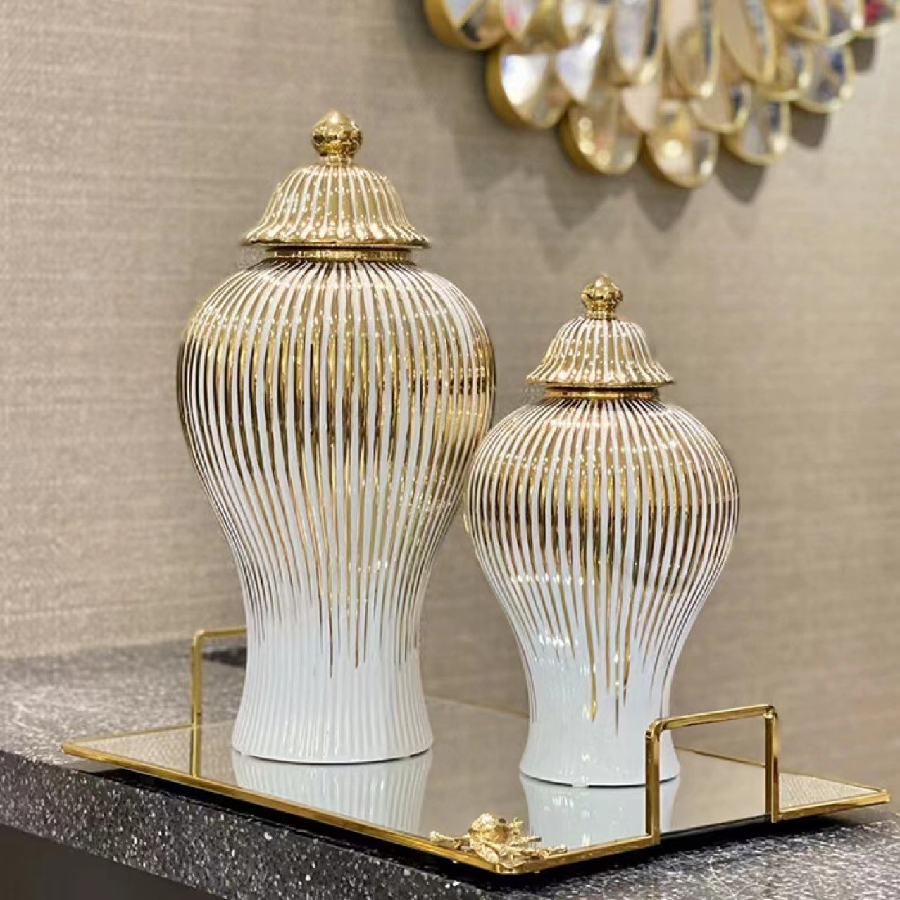 Ceramic Light Luxury Electroplating Temple Jar European Flower Vase Crafts Decoration Hallway Soft Outfit Decorative Storage Jar