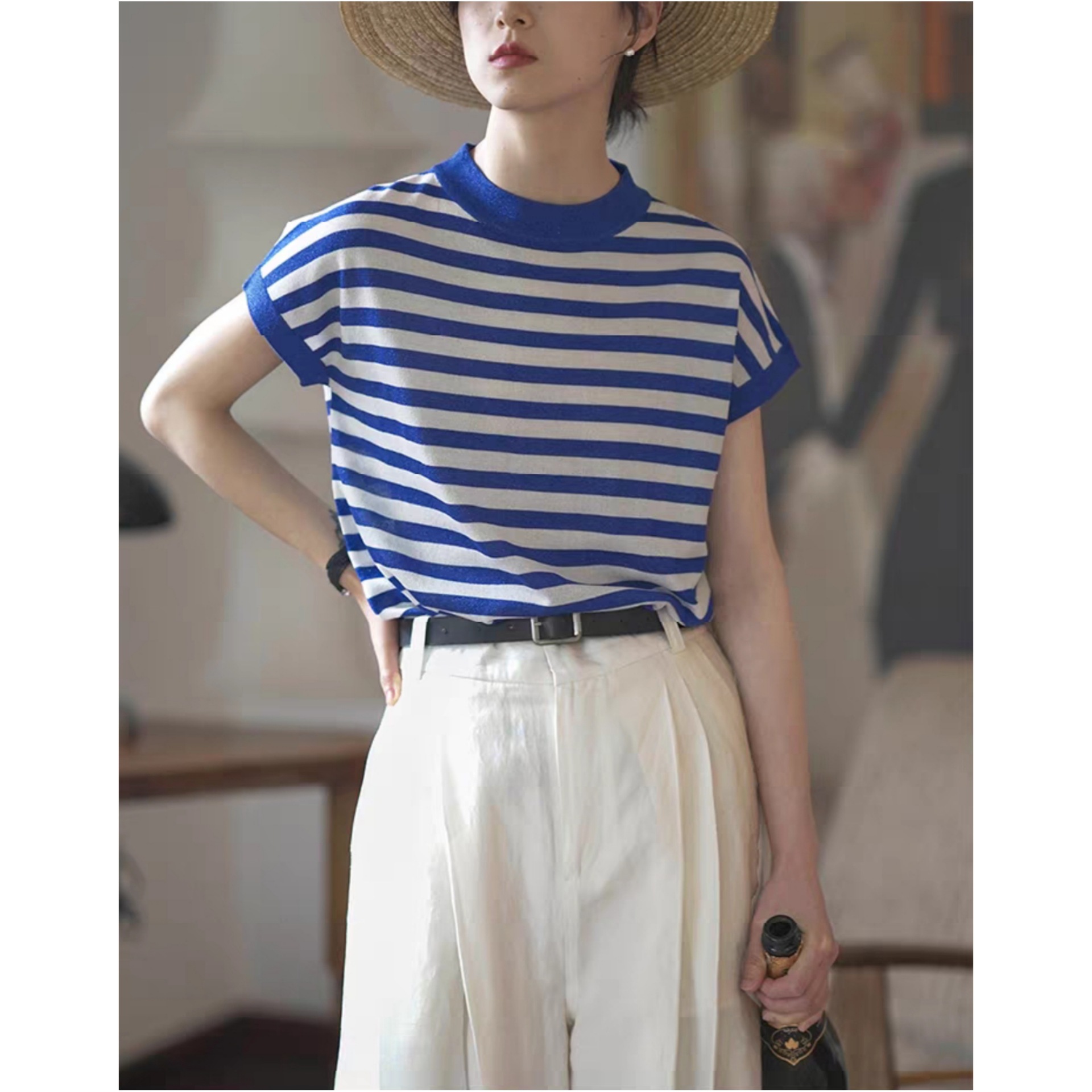 法式蓝白条纹冰丝短袖t恤女夏季薄款别致独特复古海魂衫针织上衣