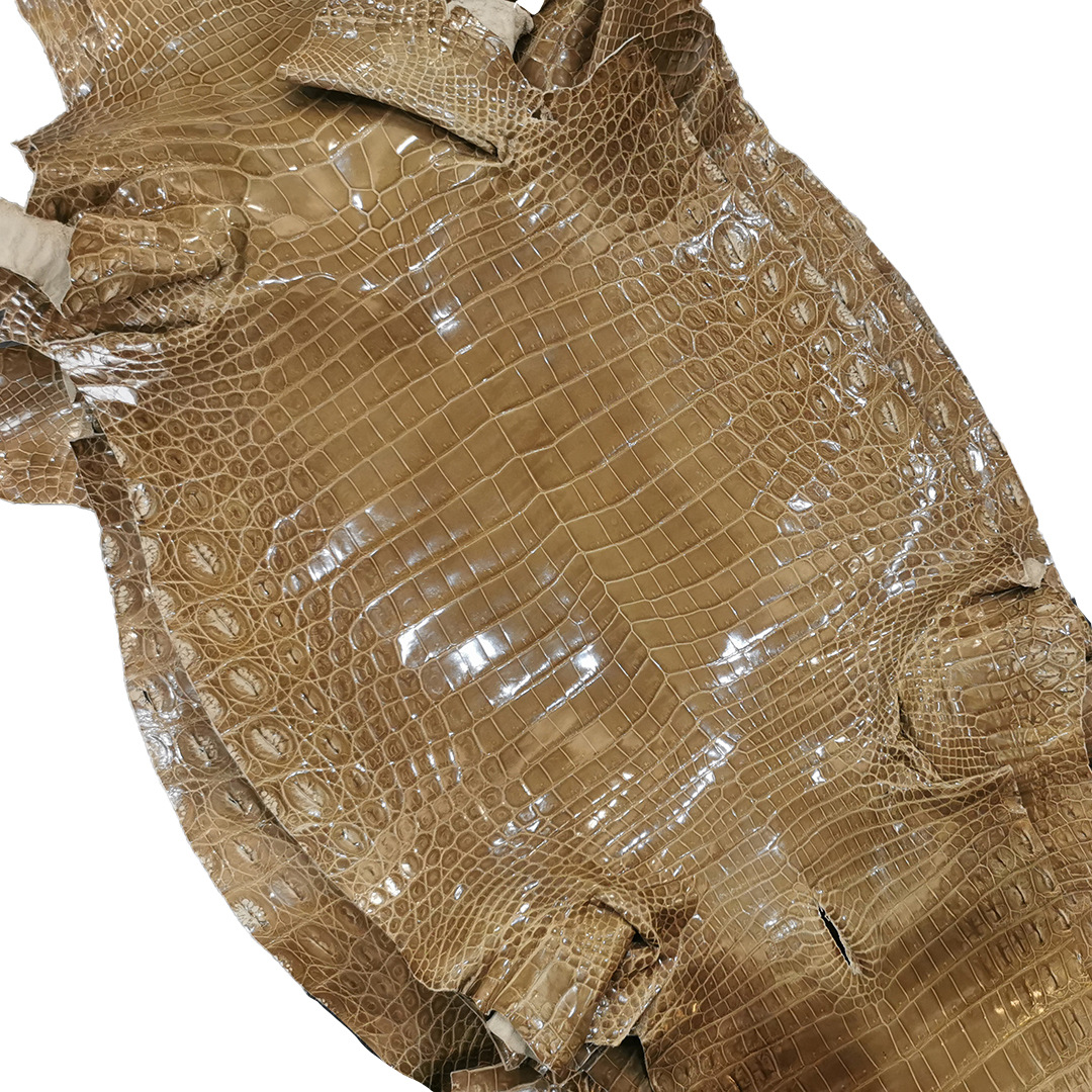 aresgator纯正南非尼罗鳄亮面鳄鱼皮玛瑙抛光奶茶色高光皮料