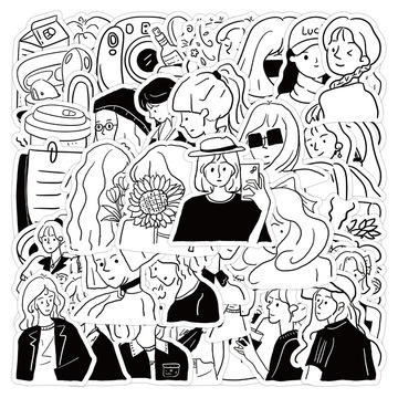 60张原创人物ins风黑白贴纸装饰贴画手帐行李箱滑板车墙面装饰