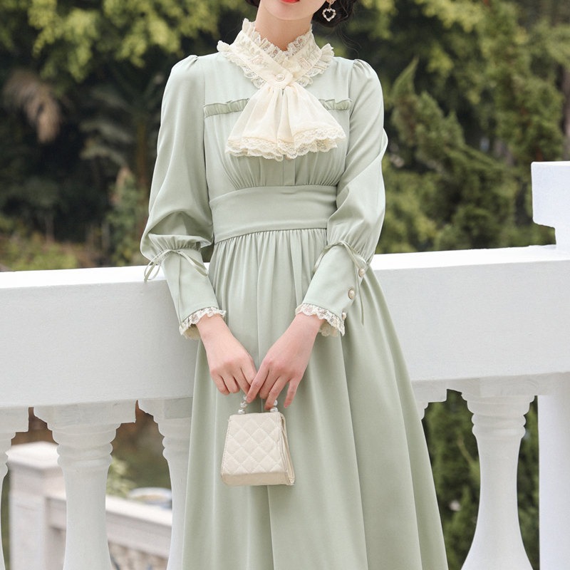 2021早春新款女装淡雅茶绿色油画少女感复古小洋裙名媛显瘦中长裙